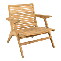 Natural wood-toned lounge chair with a slatted design and a minimalist style, perfect for outdoor or indoor use.