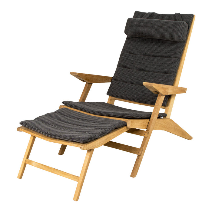 Dark gray cushioned lounge chair with a natural wooden frame and sleek, modern design.