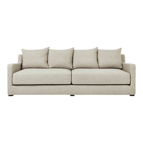 Light beige textured sofa with plush cushions and a minimalist design, perfect for any modern living room.