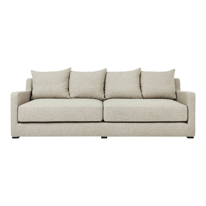 Light beige textured sofa with plush cushions and a minimalist design, perfect for any modern living room.