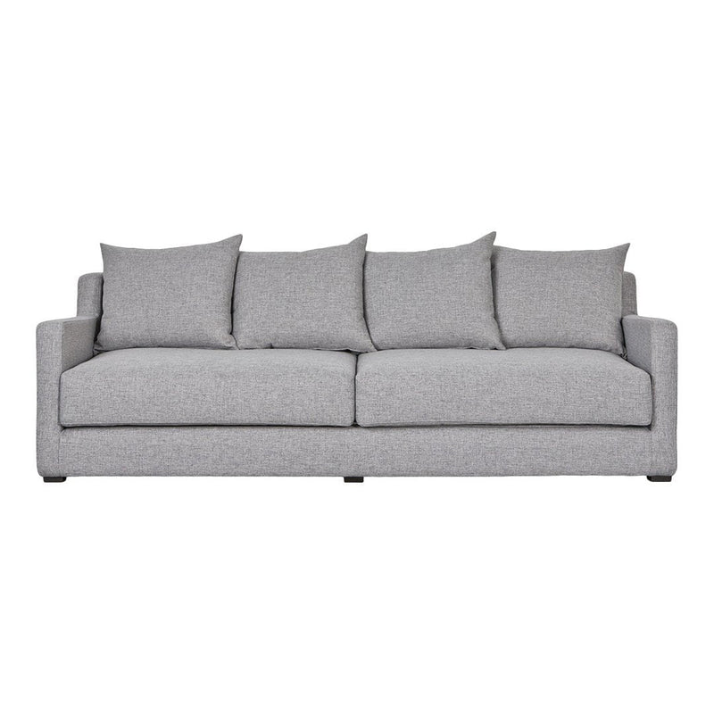 Gray sofa with clean lines and plush cushions, featuring a solid texture for a modern, minimalist look.