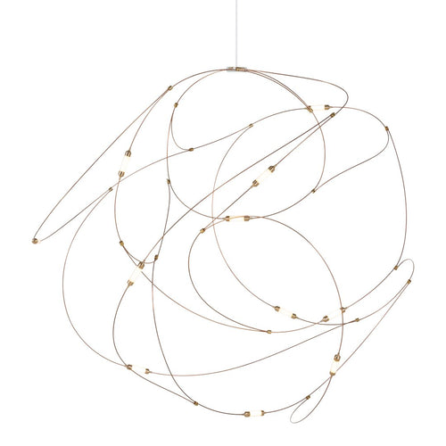 Sleek gold wire sculpture with dynamic loops and twists, featuring small gold accents for a modern artistic touch.