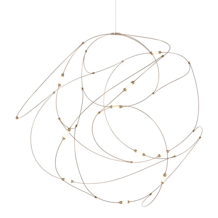 Sleek gold wire sculpture with dynamic loops and twists, featuring small gold accents for a modern artistic touch.