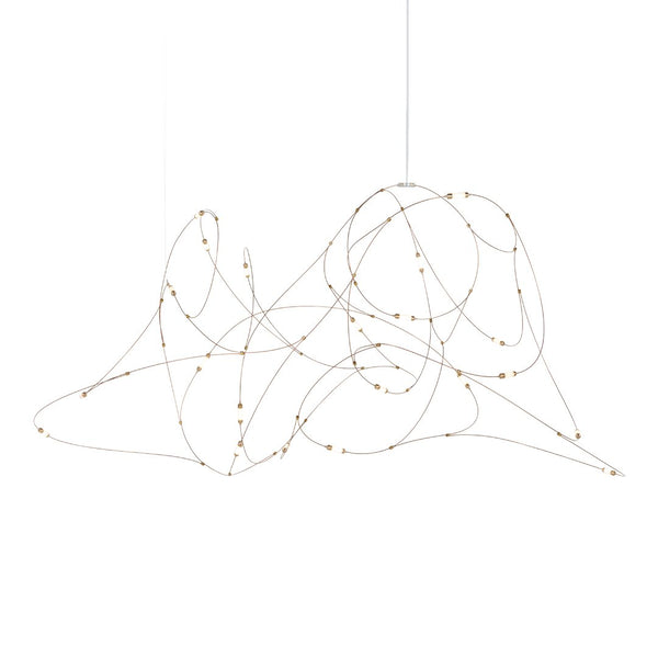 Abstract white pendant light with intricate, looping wire design and subtle gold accents, perfect for modern decor.