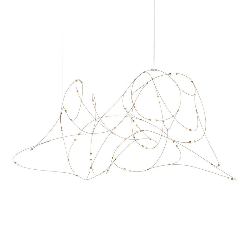 Abstract white pendant light with intricate, looping wire design and subtle gold accents, perfect for modern decor.