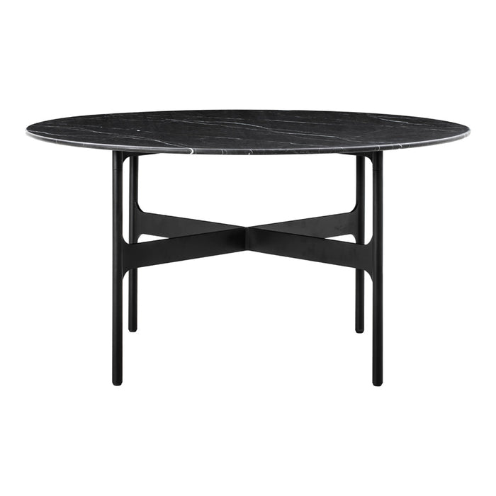 Round black marble table with a sleek black metal base, featuring a minimalist design and elegant, smooth surface.