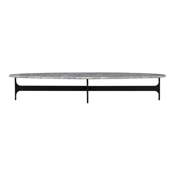 Oval coffee table with a sleek gray marble top and minimalist black metal base. Perfect for modern decor.