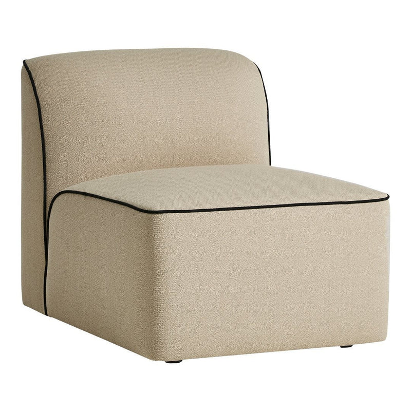 Beige upholstered chair with contrasting black piping and a simple, modern design. Perfect for stylish decor.