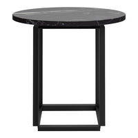 Round black marble side table with a sleek black metal frame, showcasing a modern and elegant design.
