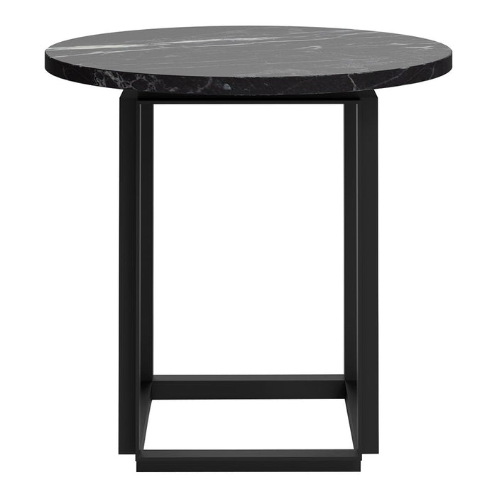Round black marble side table with a sleek black metal frame, showcasing a modern and elegant design.