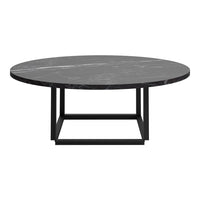 Round black marble coffee table with subtle white veining, supported by a sleek black metal frame.