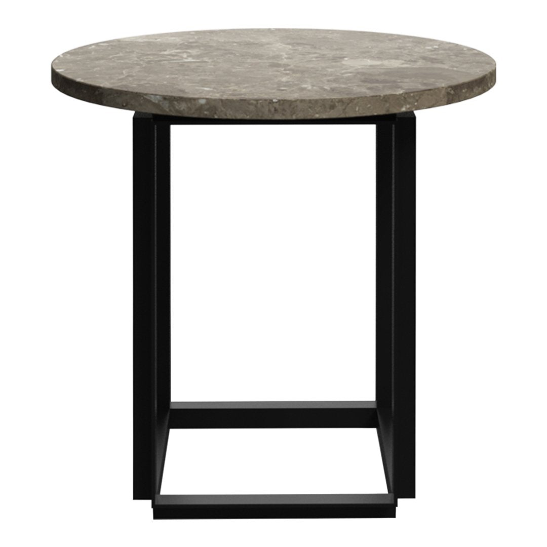 Round gray stone tabletop with a sleek black metal frame for a modern, minimalist look.