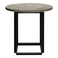 Round gray stone tabletop with a sleek black metal frame for a modern, minimalist look.