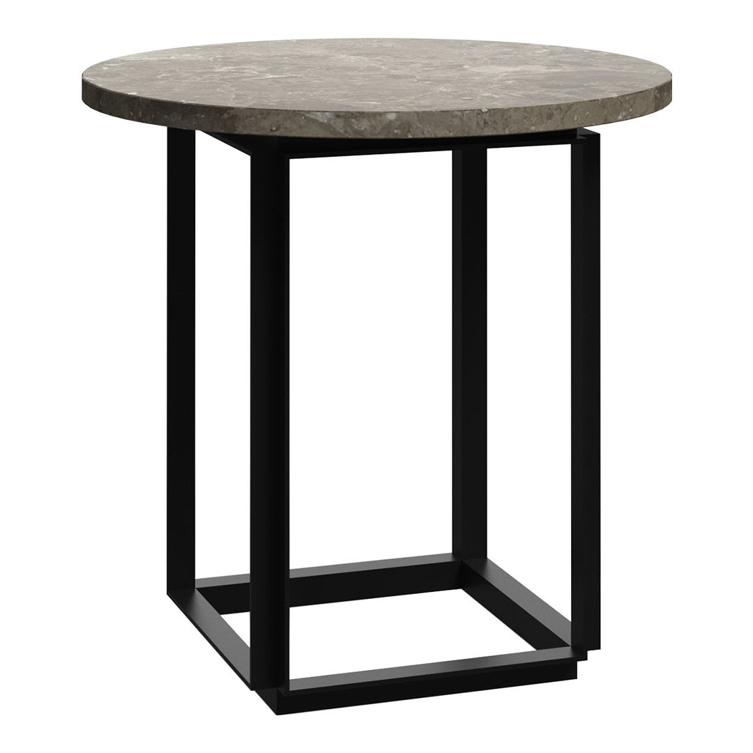 Round gray concrete top accent table with a sleek black metal base. Modern design complements various decor styles.