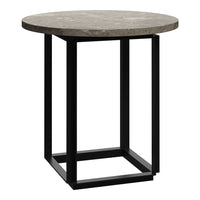 Round gray concrete top accent table with a sleek black metal base. Modern design complements various decor styles.