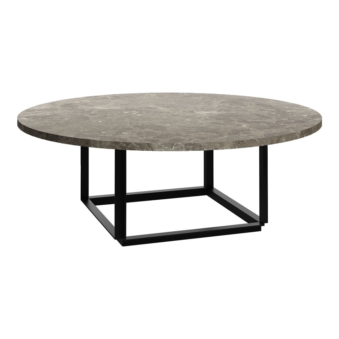 Round coffee table with a gray marble top and black metal base, featuring a sleek, modern design.