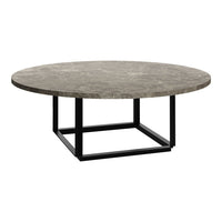 Round coffee table with a gray marble top and black metal base, featuring a sleek, modern design.