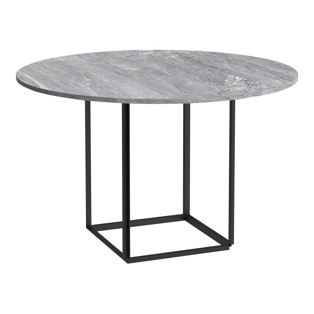 Round gray marble dining table with a sleek black metal base and minimalist design. Perfect for modern decor.