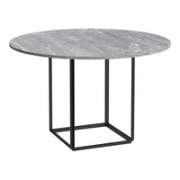 Round gray marble dining table with a sleek black metal base and minimalist design. Perfect for modern decor.