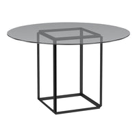Round glass tabletop with a sleek black geometric base, showcasing modern style and minimalistic design.