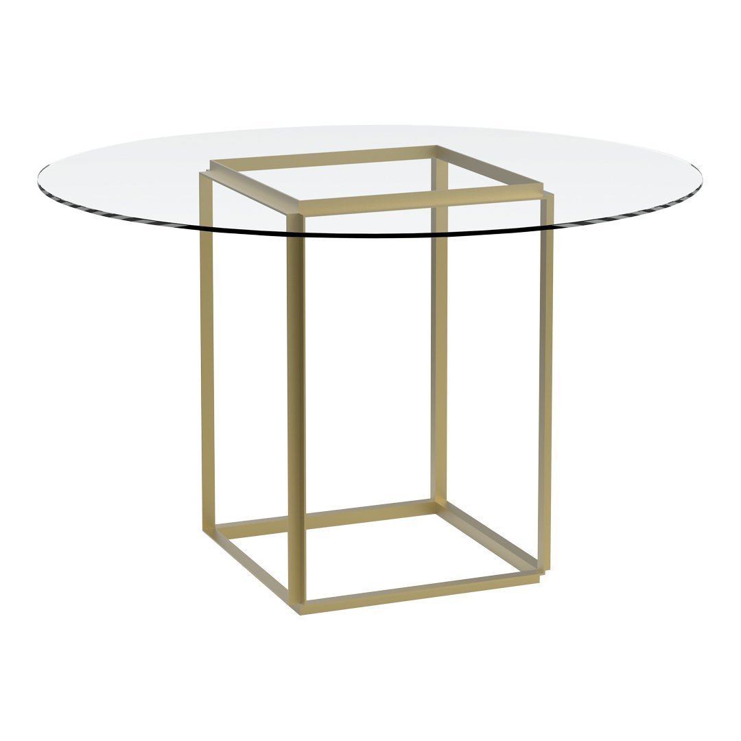 Round glass table with a sleek, gold geometric base, featuring a minimalistic and modern design. Ideal for contemporary decor.
