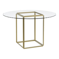 Round glass table with a sleek, gold geometric base, featuring a minimalistic and modern design. Ideal for contemporary decor.