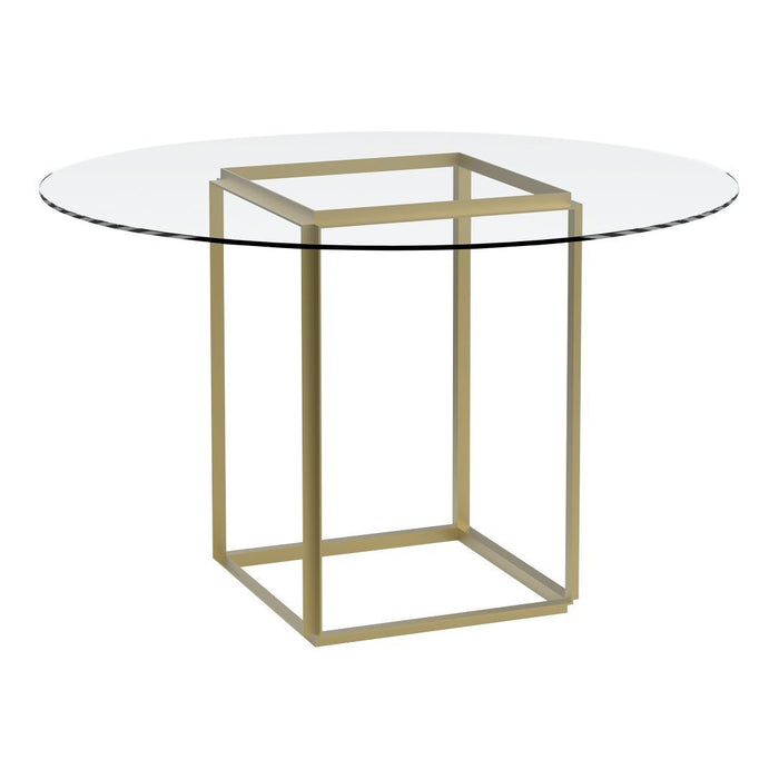 Round glass table with a sleek, gold geometric base, featuring a minimalistic and modern design. Ideal for contemporary decor.