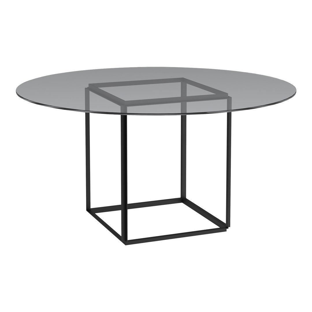 Modern round glass table with a sleek black metal base, featuring a minimalist geometric pattern.