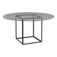 Modern round glass table with a sleek black metal base, featuring a minimalist geometric pattern.