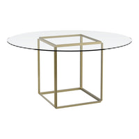 Round glass table with a sleek gold geometric base, featuring a minimalist design suitable for modern decor.