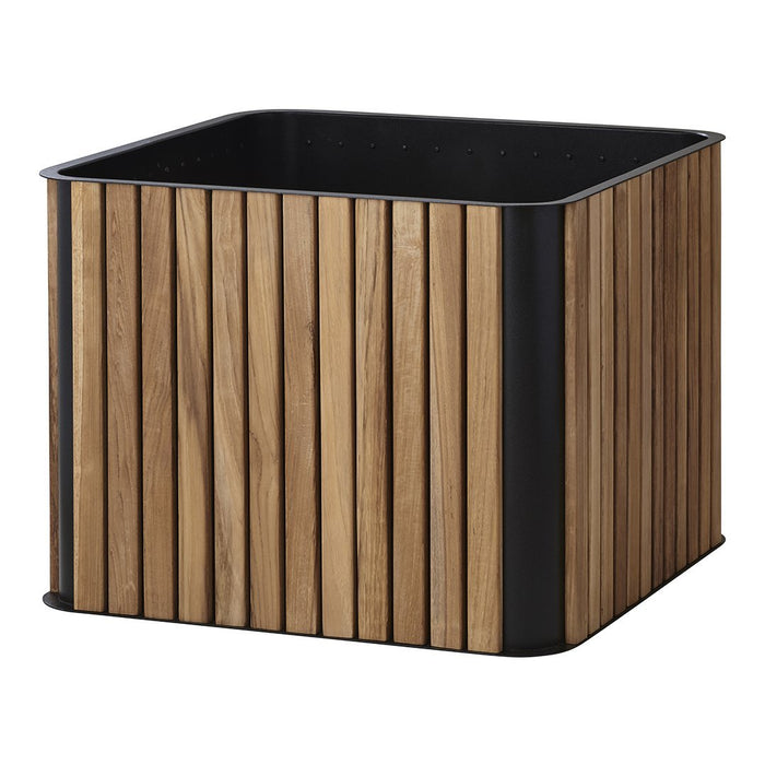 Square planter with a natural wood grain finish and black metal accents, featuring vertical slats for a modern look.