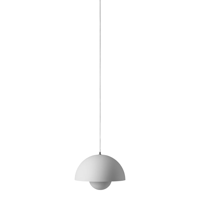 Minimalist white pendant lamp with a smooth, curved design, featuring a sleek, modern aesthetic.