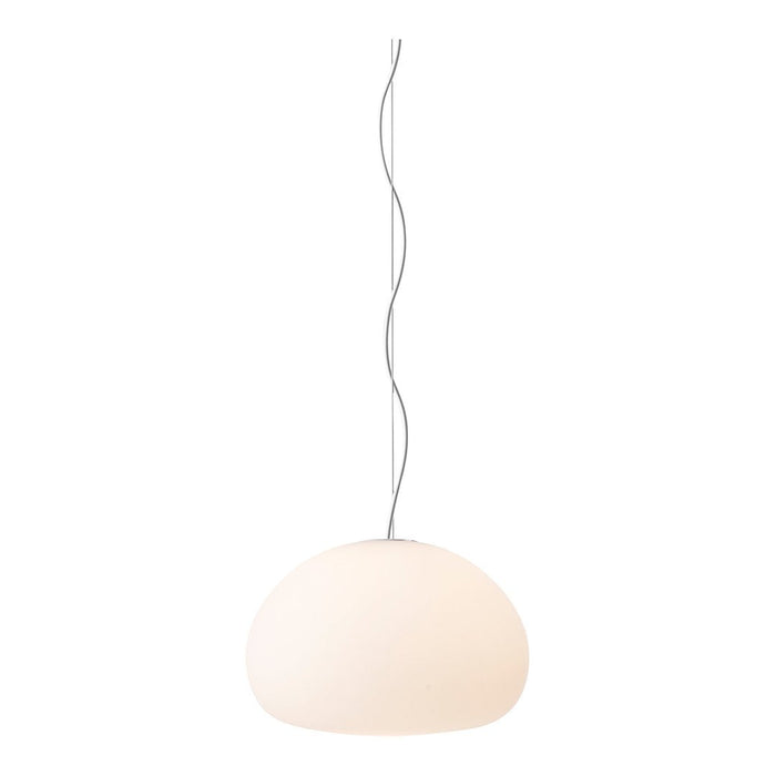 White, smooth pendant lamp with subtle oval shape and minimalist design, complemented by a sleek silver cable.