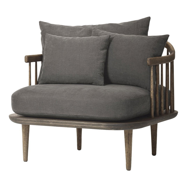 Gray cushioned loveseat with wooden legs and back, featuring soft throw pillows in matching gray fabric.