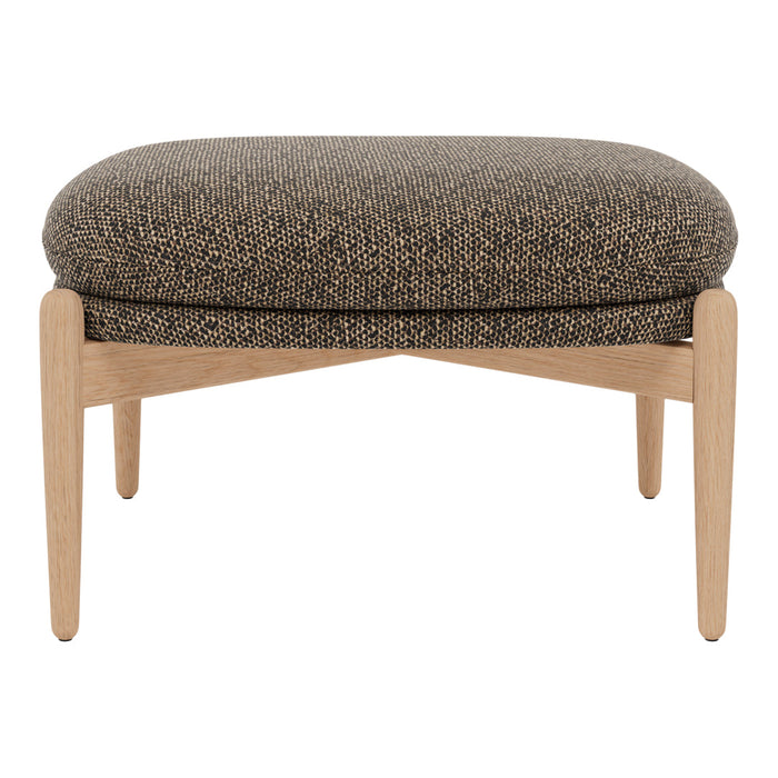 Brown and beige patterned ottoman with natural wood legs for modern decor.