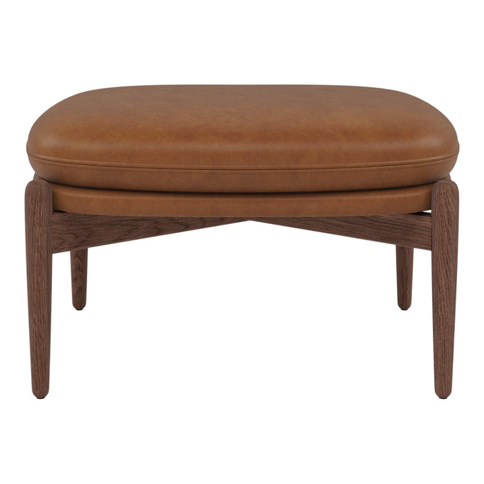 Brown leather ottoman with a smooth surface and wooden legs, featuring a minimalist and modern design.