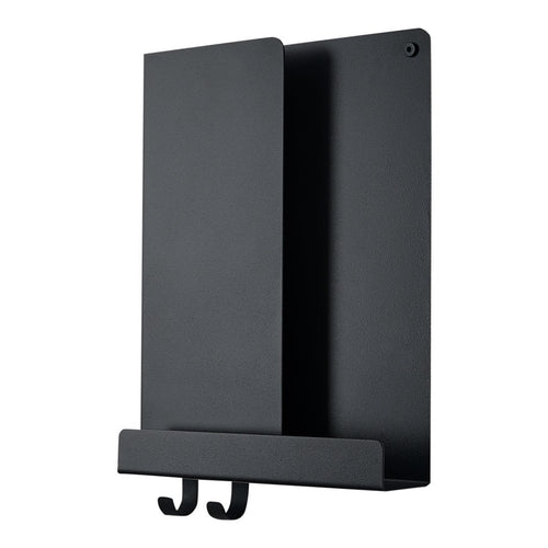 Black metal wall organizer with a sleek, modern design featuring smooth surfaces and dual hooks. Perfect for minimalist decor.