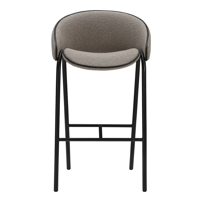 Gray upholstered bar stool with curved backrest and black metal legs. Elegant and modern design.