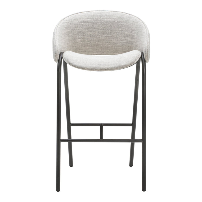Light gray upholstered bar stool with subtle textured pattern and sleek black metal legs.