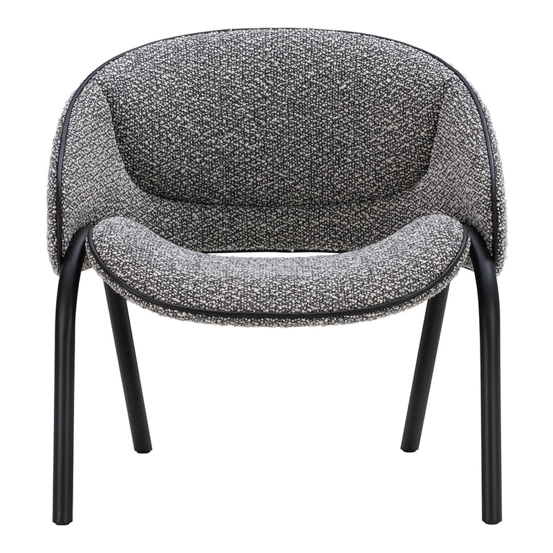Gray textured chair with a cozy pattern, featuring a black metal frame, perfect for modern decor.