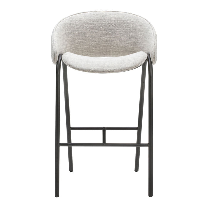 Light gray upholstered bar stool with a sleek black metal frame, featuring subtle textured patterns.