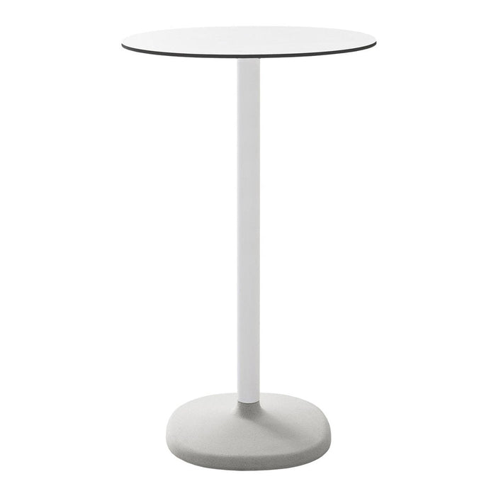 White round tabletop with a sleek white base and subtle black edge detailing. Modern minimalist design.