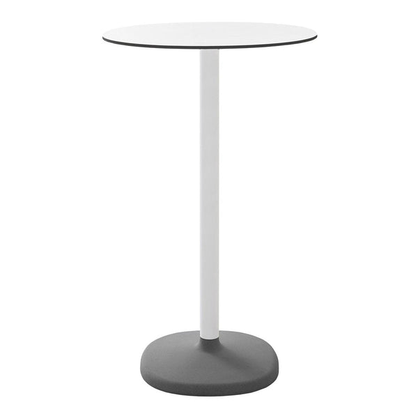 White round tabletop with a sleek gray base, featuring a modern minimalist design. Perfect for contemporary spaces.