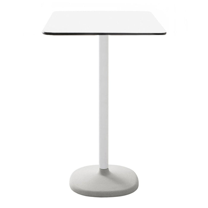 Modern white square table with a sleek black rim and sturdy gray base, ideal for contemporary decor.
