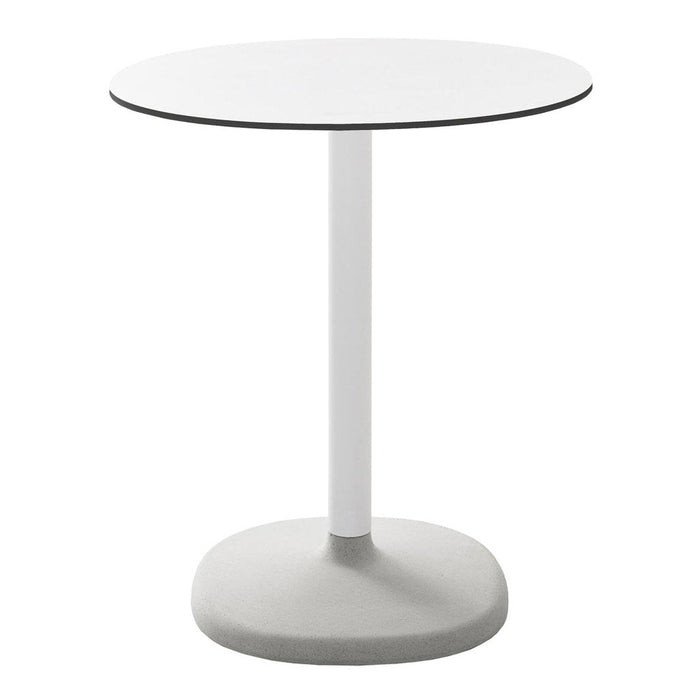 Round white table with a sleek design, featuring a contrast black edge and a gray base for modern style.