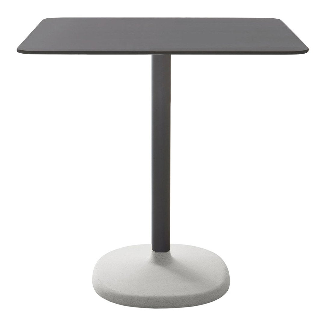 Modern rectangular table with a sleek black top and a gray rounded base, featuring a minimalist design.