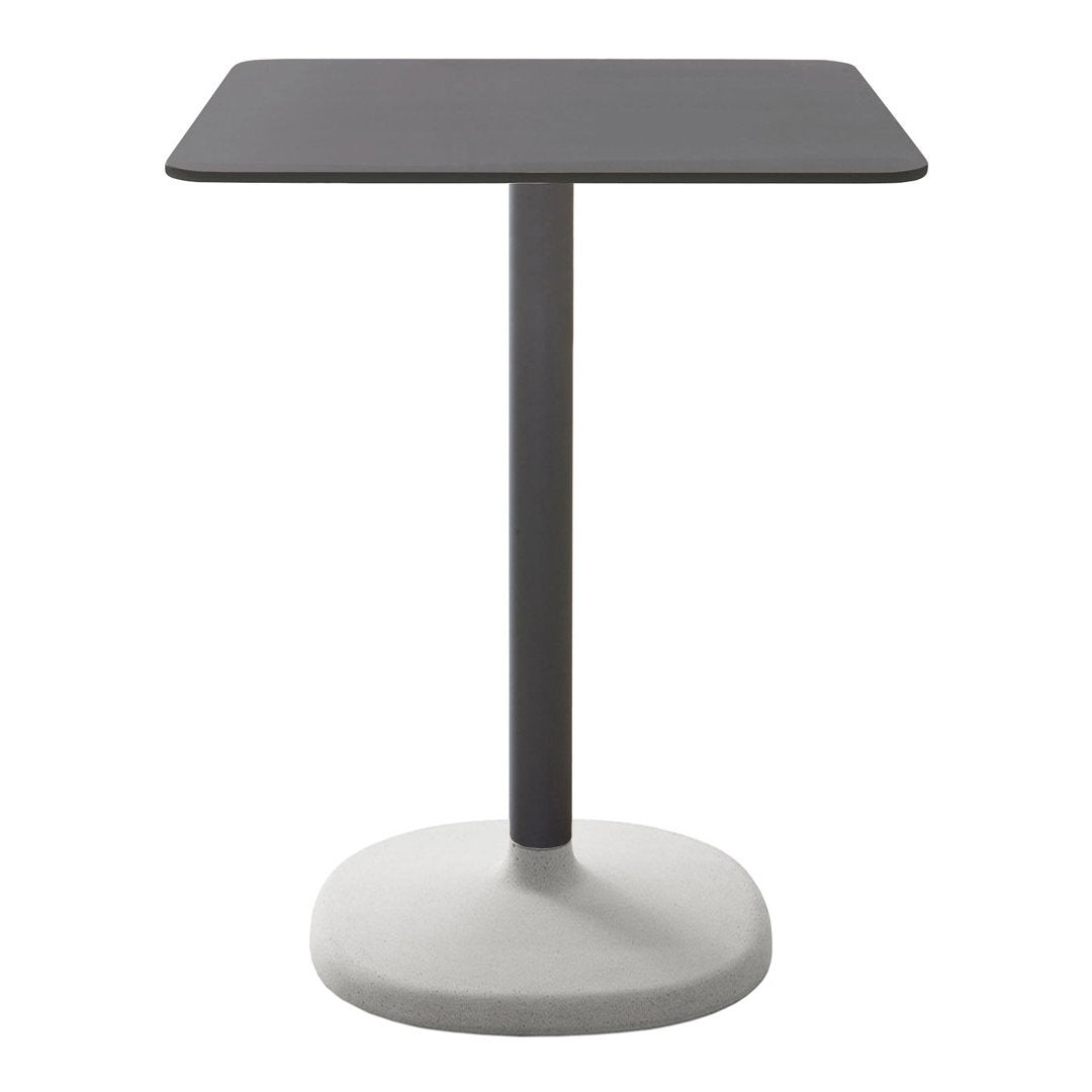 Square black table with a sleek gray base, perfect for modern decor. Minimalist design for stylish spaces.