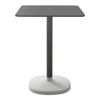 Square black table with a sleek gray base, perfect for modern decor. Minimalist design for stylish spaces.