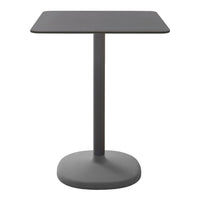 Gray square table with a sleek, minimalist design and a solid round base, ideal for modern spaces.