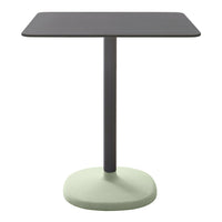 Square table featuring a dark gray top and a soft green base, ideal for modern decor.